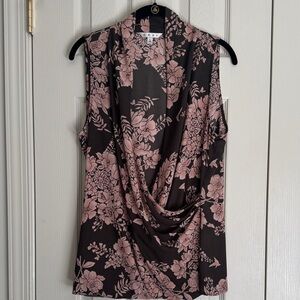CAbi Floral Sleeveless Draped Blouse Charcoal & Pink - Size Large